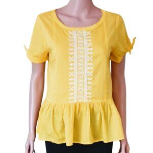 J. Crew Embroidered Peplum Top 4 Yellow White Puff Tie Short Sleeves Ruffle Hem